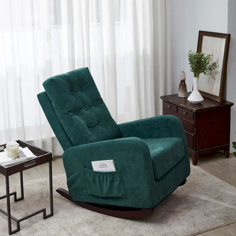 Moderna mecedora tapizada de respaldo alto de 28.74 con botones, patas de madera maciza y bolsillo lateral