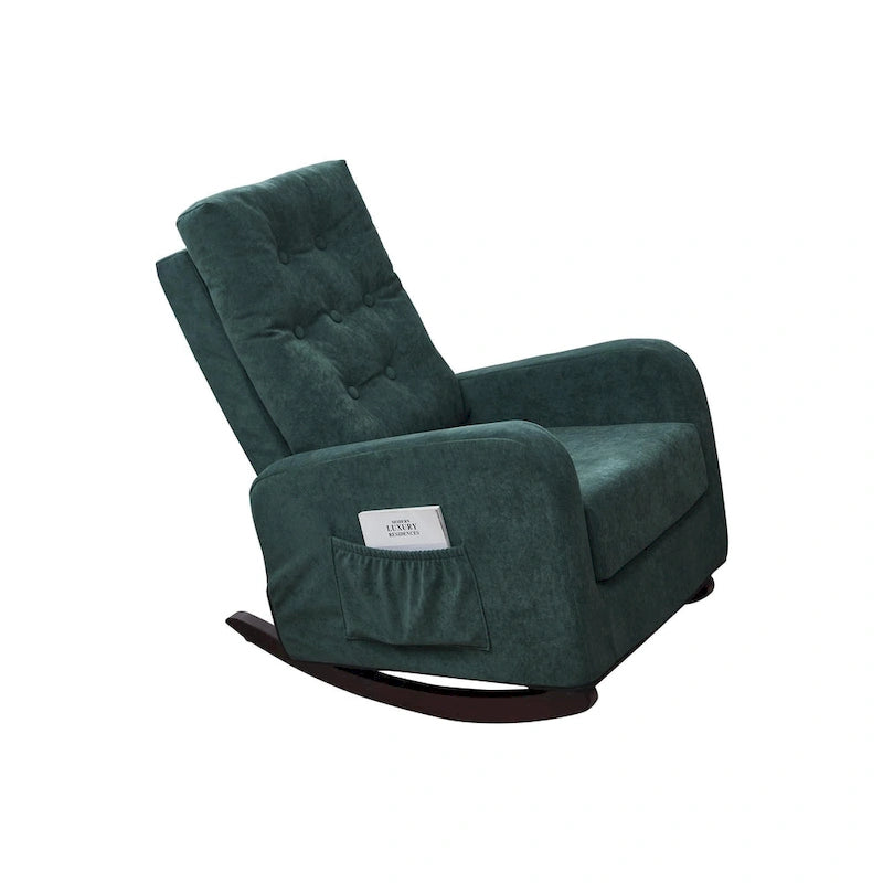 Moderna mecedora tapizada de respaldo alto de 28.74 con botones, patas de madera maciza y bolsillo lateral