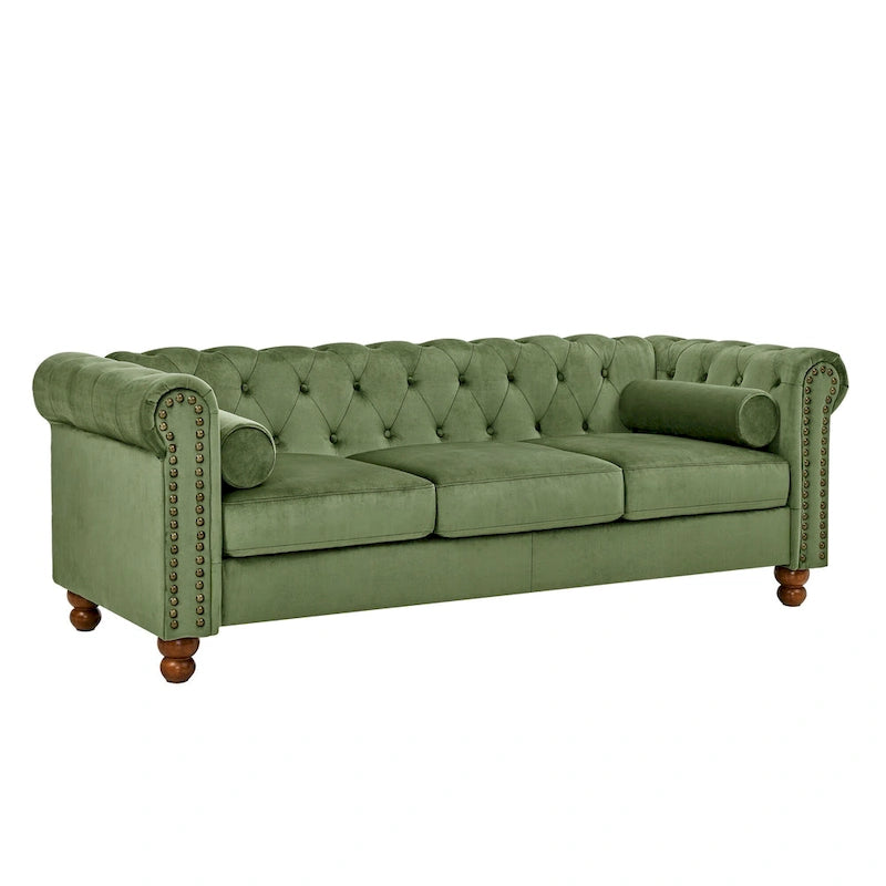Sofá Chesterfield de terciopelo verde de 74.5" con capitoné, brazos enrollados, patas torneadas y diseño elegante