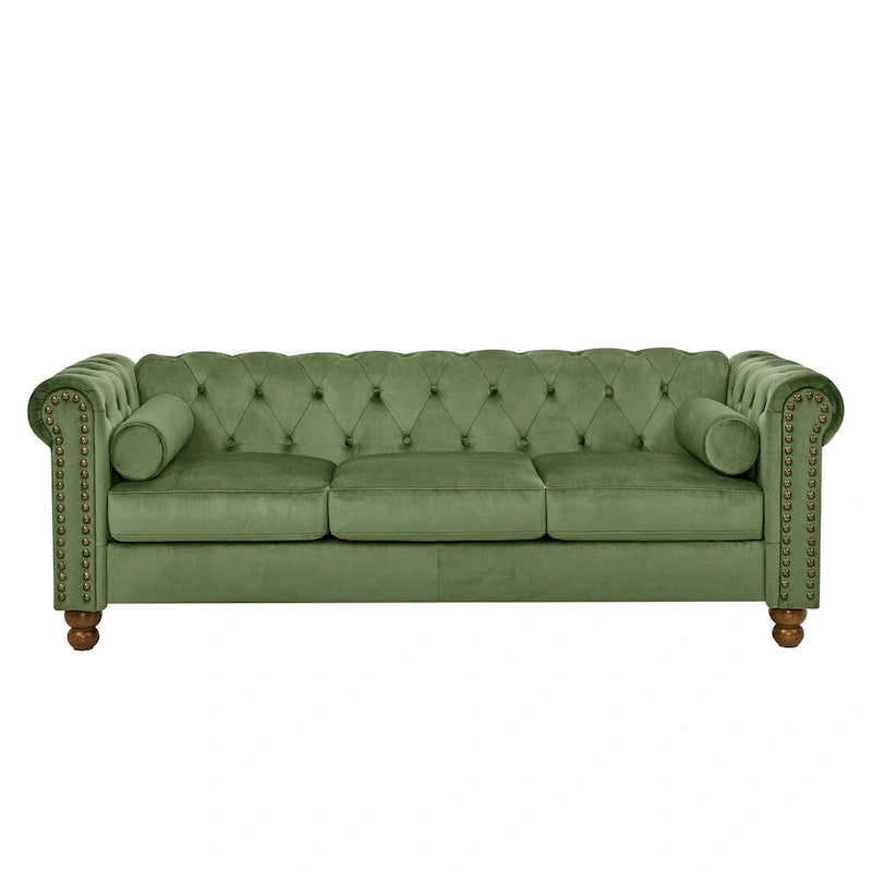 Sofá Chesterfield de terciopelo verde de 74.5" con capitoné, brazos enrollados, patas torneadas y diseño elegante