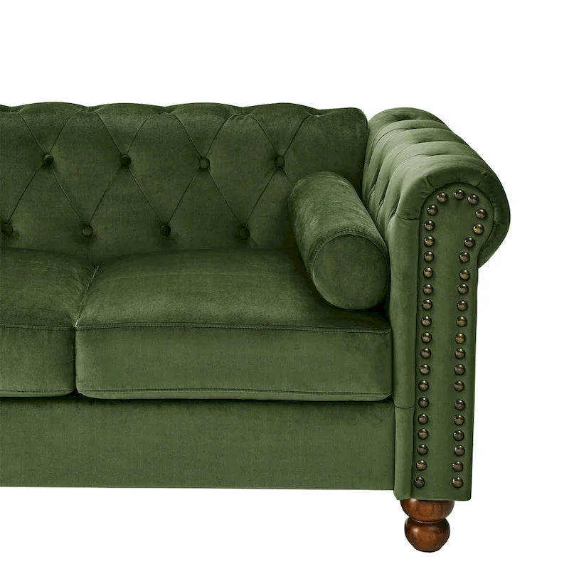Sofá Chesterfield de terciopelo verde de 74.5" con capitoné, brazos enrollados, patas torneadas y diseño elegante