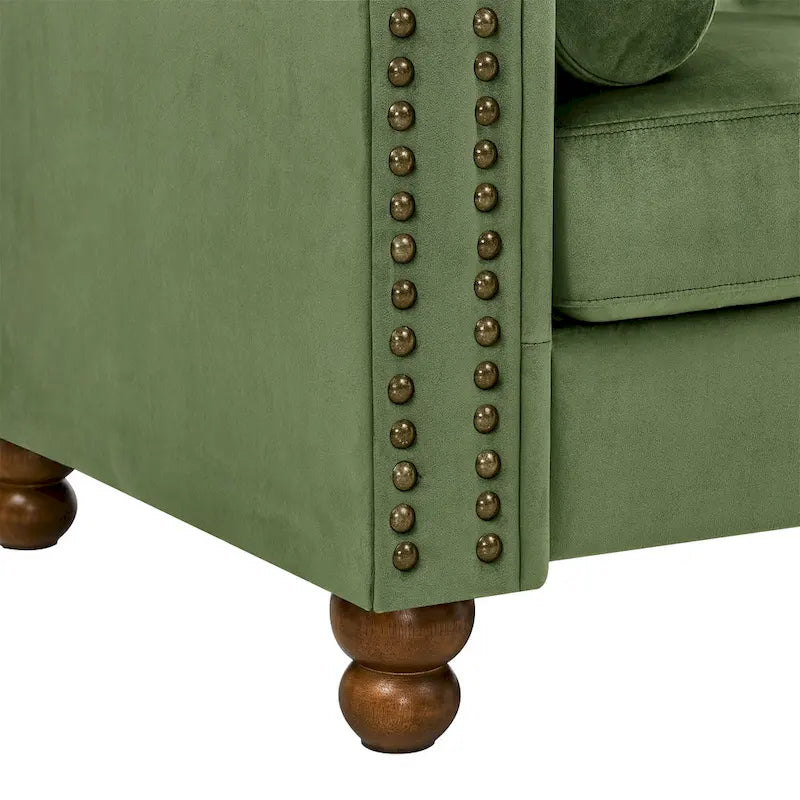 Sofá Chesterfield de terciopelo verde de 74.5" con capitoné, brazos enrollados, patas torneadas y diseño elegante