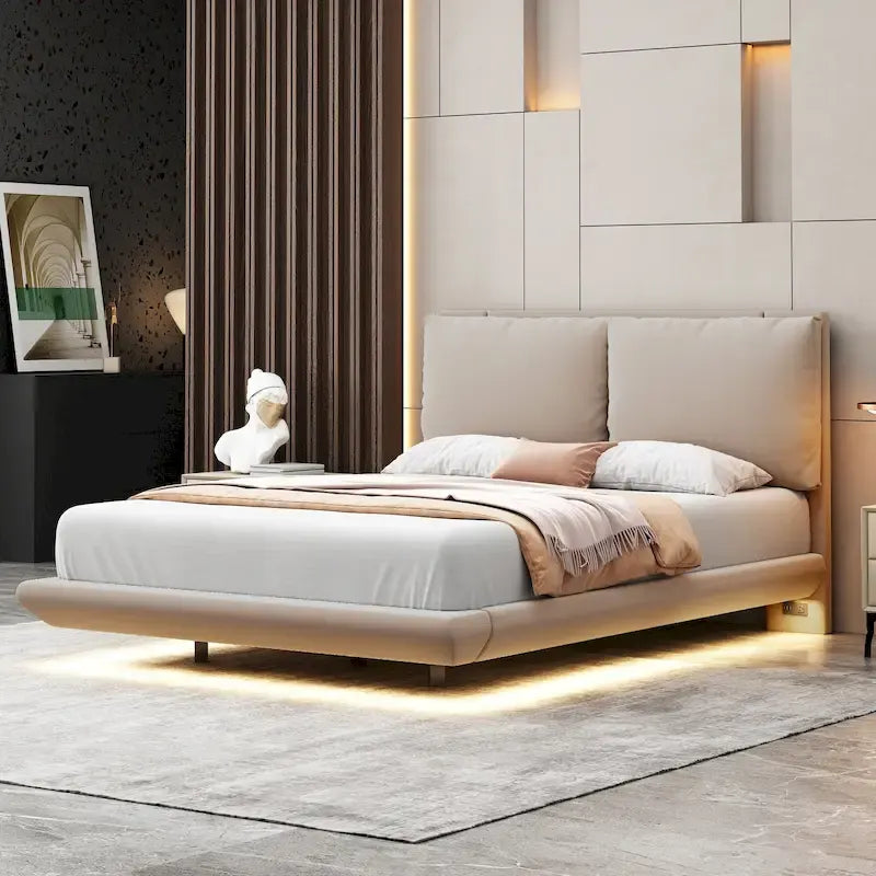 Cama de plataforma flotante de terciopelo con luz de sensor