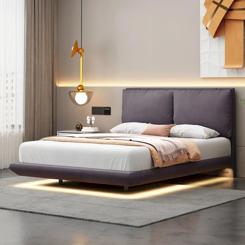 Cama de plataforma flotante de terciopelo con luz de sensor