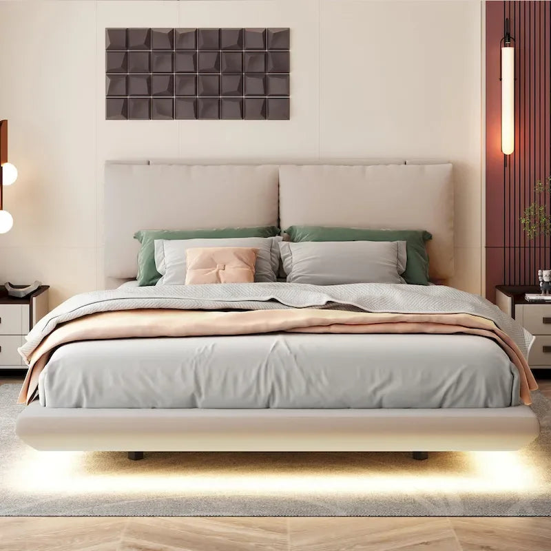 Cama de plataforma flotante de terciopelo con luz de sensor