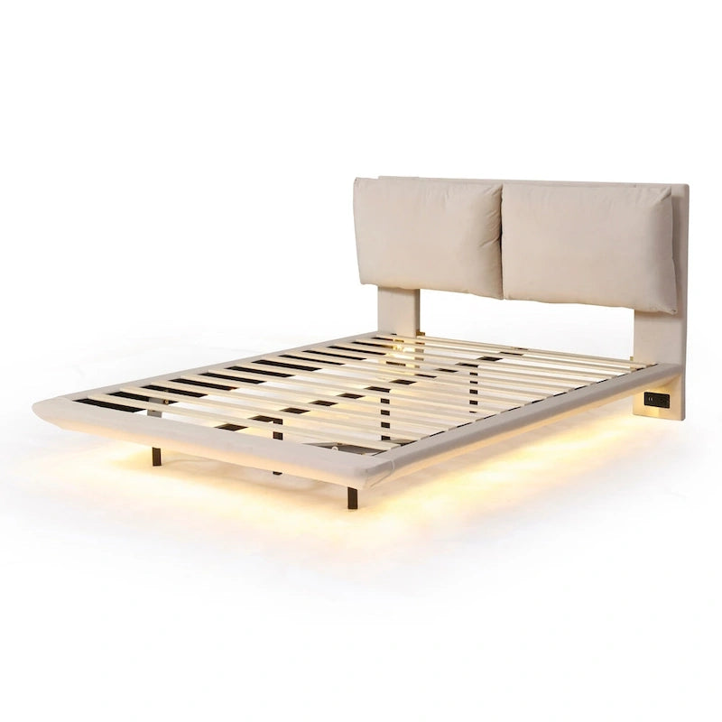 Cama de plataforma flotante de terciopelo con luz de sensor