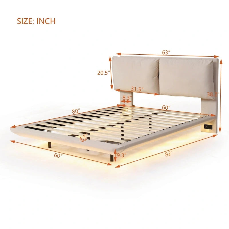Cama de plataforma flotante de terciopelo con luz de sensor