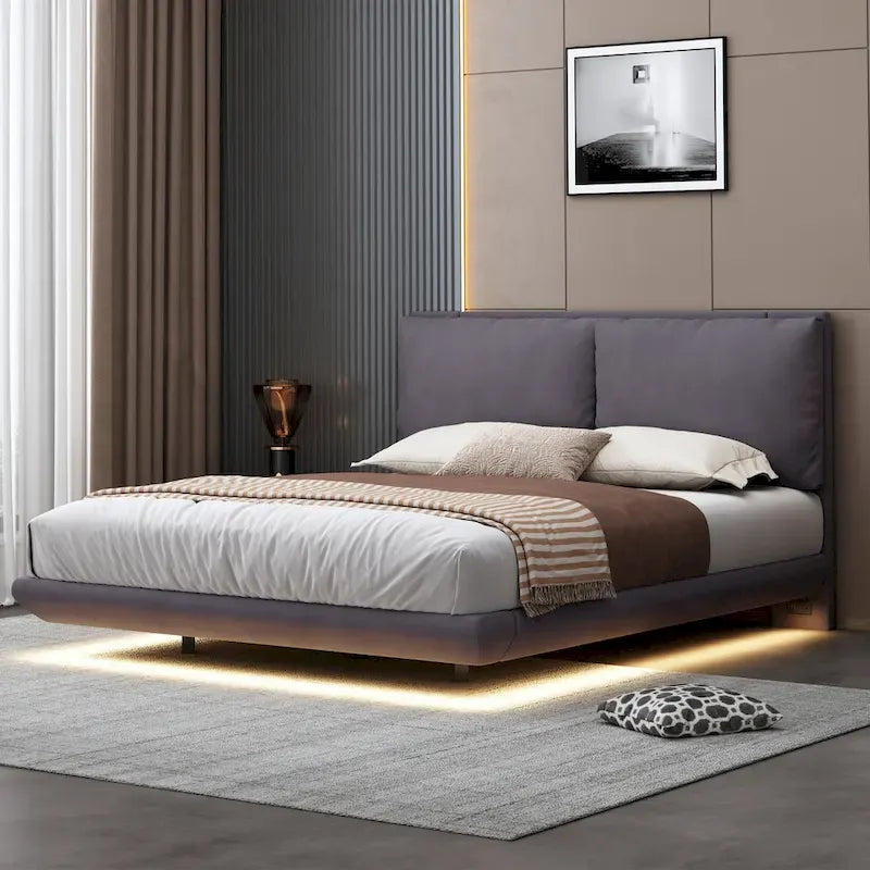 Cama de plataforma flotante de terciopelo con luz de sensor