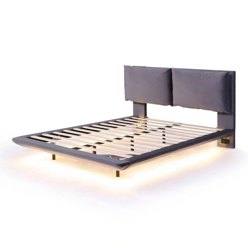 Cama de plataforma flotante de terciopelo con luz de sensor