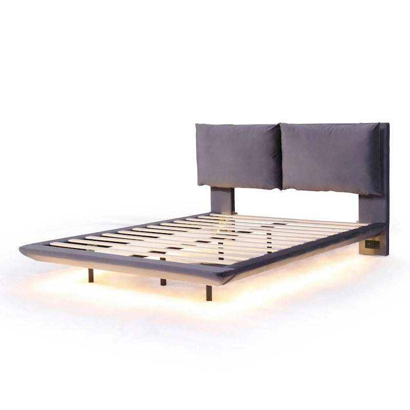 Cama de plataforma flotante de terciopelo con luz de sensor