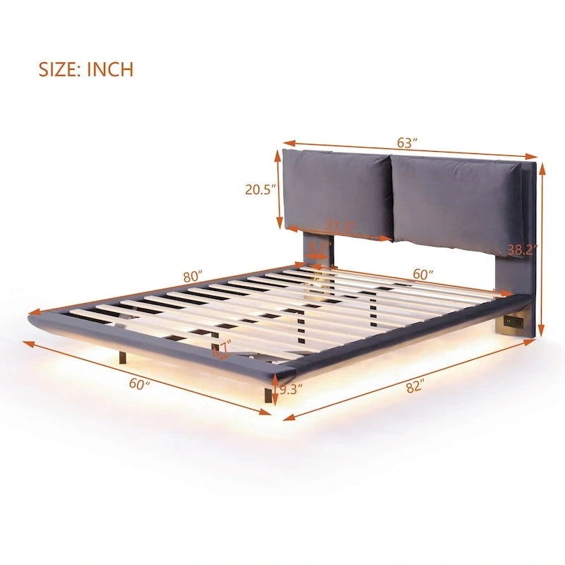Cama de plataforma flotante de terciopelo con luz de sensor