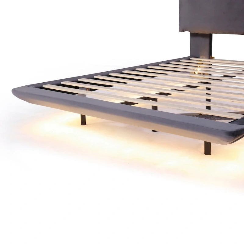 Cama de plataforma flotante de terciopelo con luz de sensor