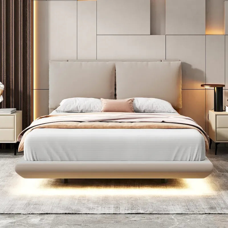 Cama de plataforma flotante de terciopelo con luz de sensor