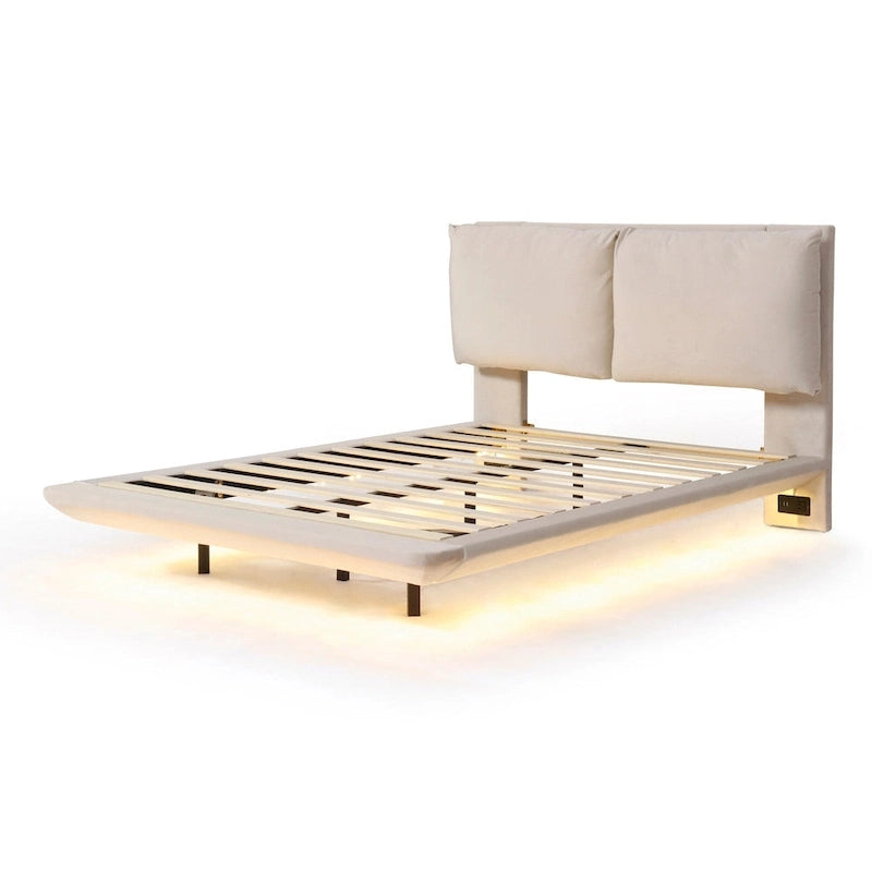 Cama de plataforma flotante de terciopelo con luz de sensor