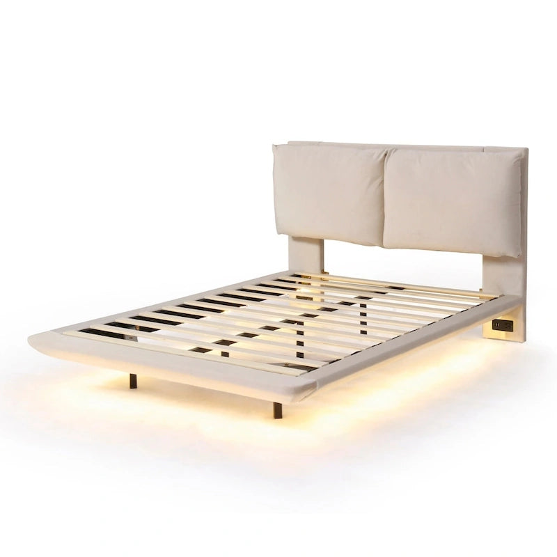 Cama de plataforma flotante de terciopelo con luz de sensor