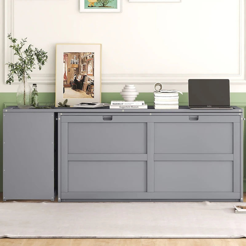 Cama Murphy de madera tamaño queen con escritorio giratorio, gabinete plegable