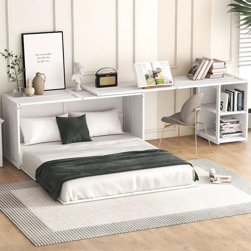 Cama Murphy de madera tamaño queen con escritorio giratorio, gabinete plegable