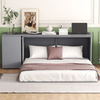 Cama Murphy de madera tamaño queen con escritorio giratorio, gabinete plegable