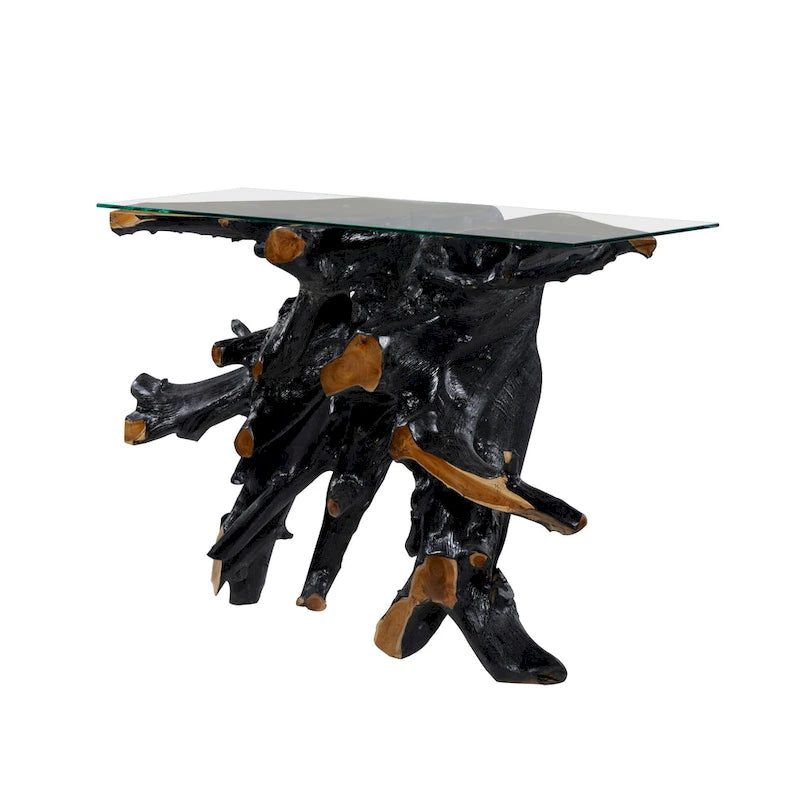 Mesa Consola de Tocón de Teca con Borde Natural y Cubierta de Vidrio Transparente - Negro - 16 An. x 49 L x 32 Al.