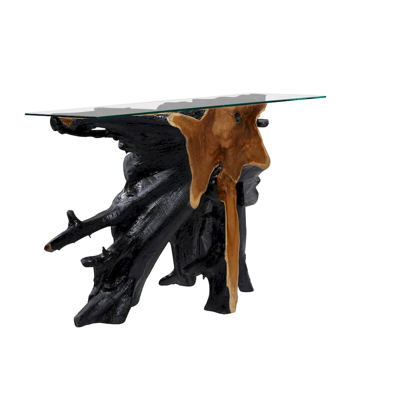 Mesa Consola de Tocón de Teca con Borde Natural y Cubierta de Vidrio Transparente - Negro - 16 An. x 49 L x 32 Al.