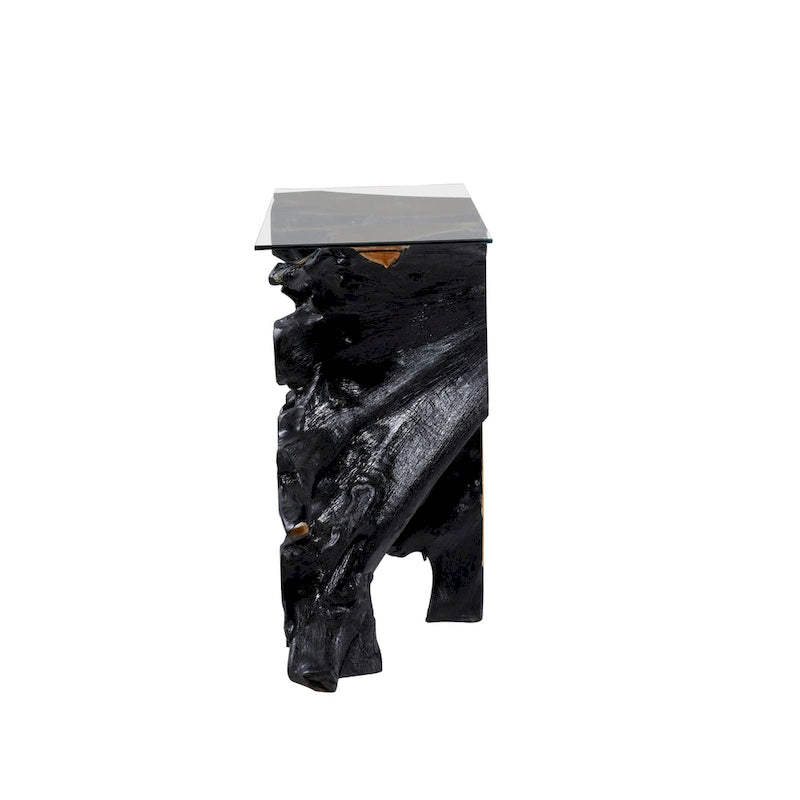 Mesa Consola de Tocón de Teca con Borde Natural y Cubierta de Vidrio Transparente - Negro - 16 An. x 49 L x 32 Al.