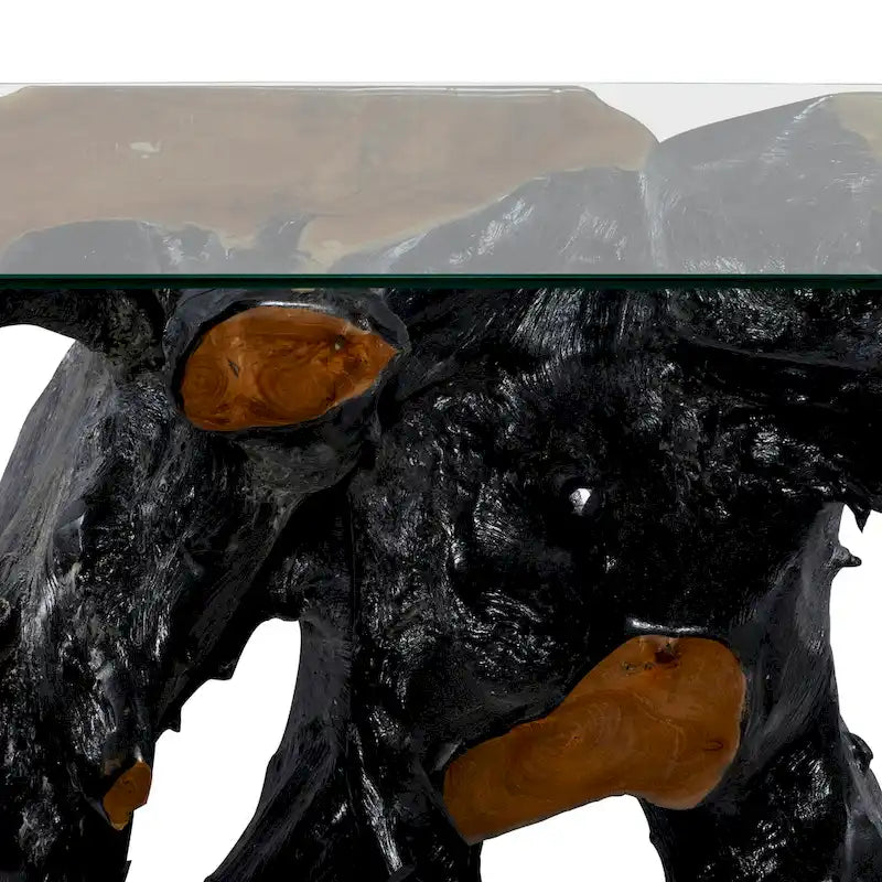Mesa Consola de Tocón de Teca con Borde Natural y Cubierta de Vidrio Transparente - Negro - 16 An. x 49 L x 32 Al.