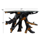 Mesa Consola de Tocón de Teca con Borde Natural y Cubierta de Vidrio Transparente - Negro - 16 An. x 49 L x 32 Al.
