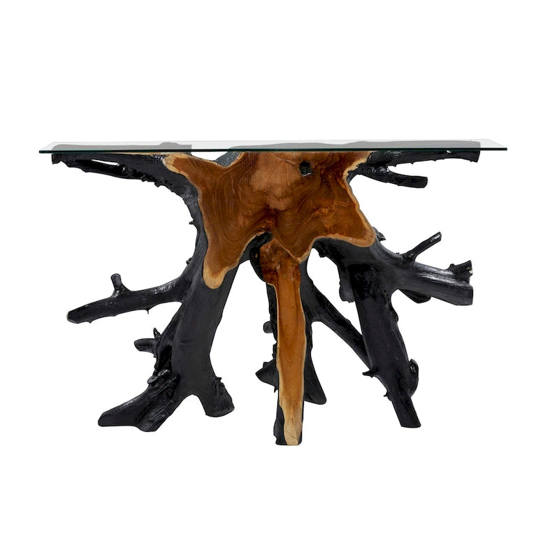 Mesa Consola de Tocón de Teca con Borde Natural y Cubierta de Vidrio Transparente - Negro - 16 An. x 49 L x 32 Al.