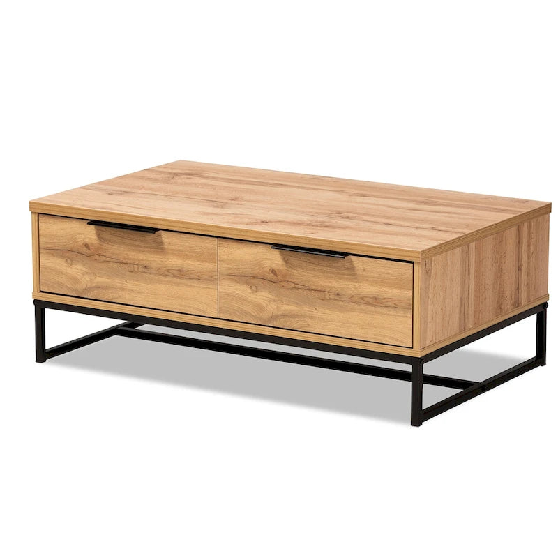 Mesa de centro con 2 cajones en madera de roble marrón y metal negro