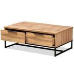 Mesa de centro con 2 cajones en madera de roble marrón y metal negro