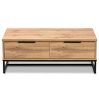 Mesa de centro con 2 cajones en madera de roble marrón y metal negro