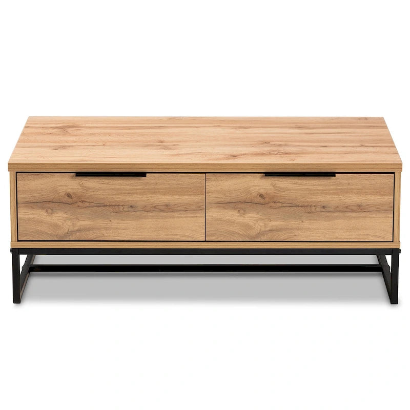 Mesa de centro con 2 cajones en madera de roble marrón y metal negro
