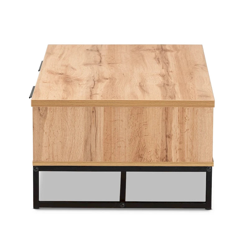 Mesa de centro con 2 cajones en madera de roble marrón y metal negro