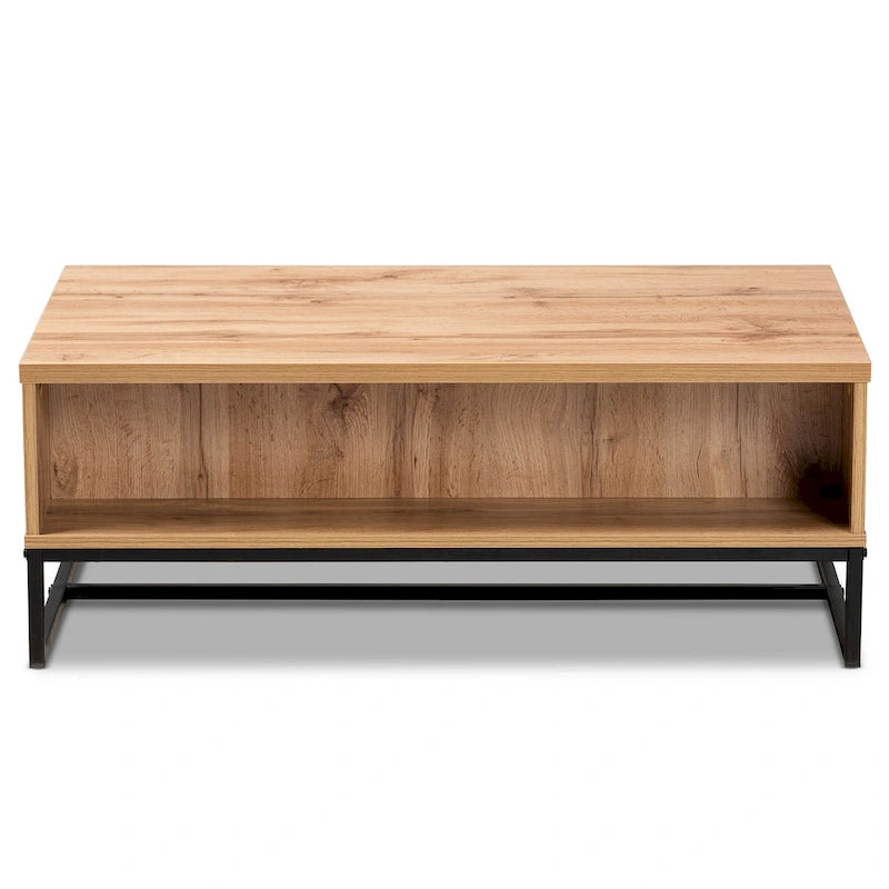 Mesa de centro con 2 cajones en madera de roble marrón y metal negro