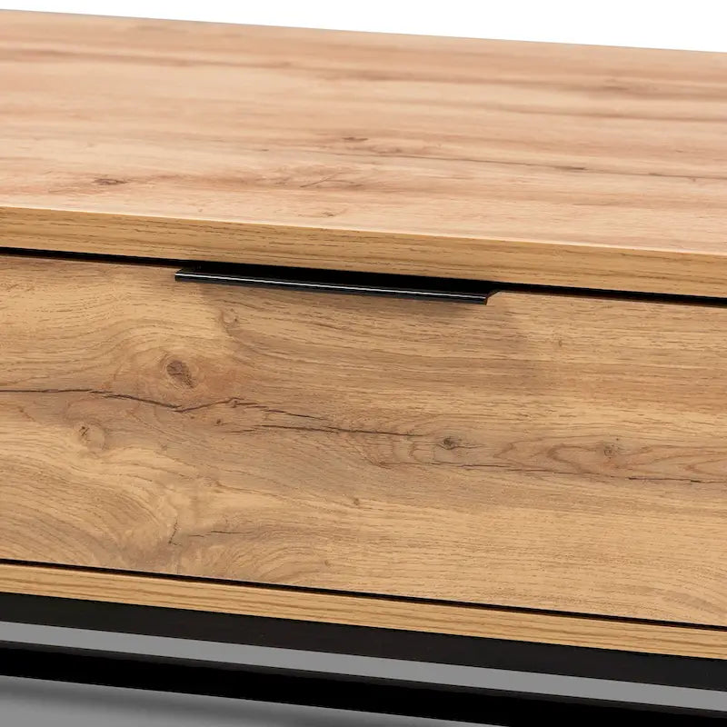 Mesa de centro con 2 cajones en madera de roble marrón y metal negro