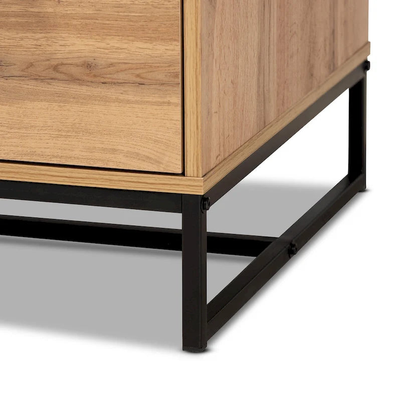 Mesa de centro con 2 cajones en madera de roble marrón y metal negro