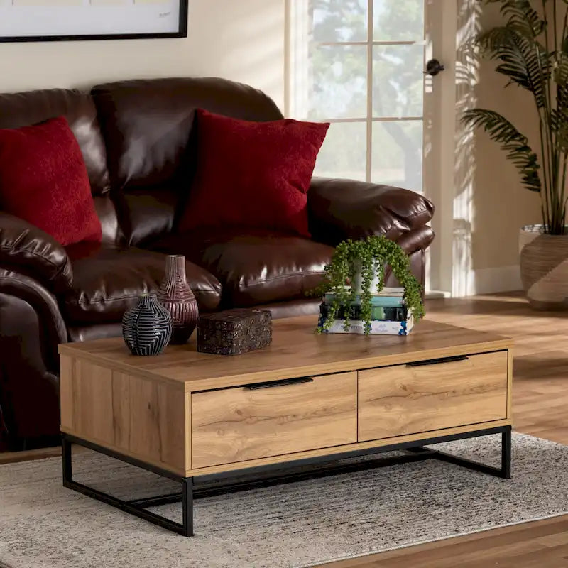Mesa de centro con 2 cajones en madera de roble marrón y metal negro