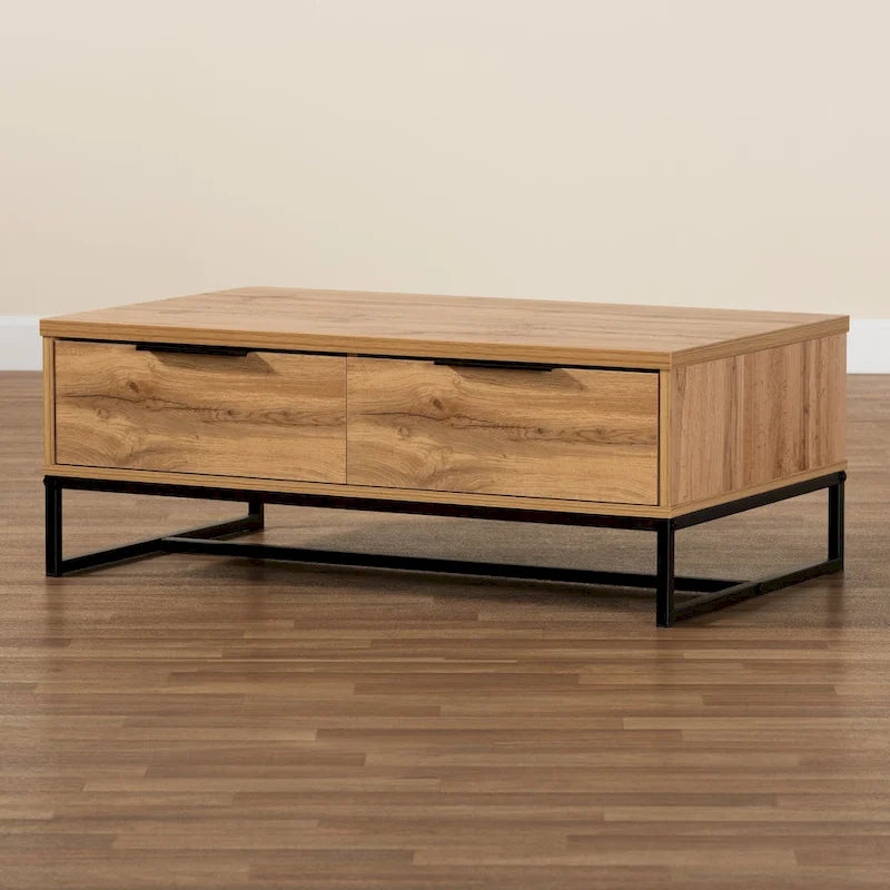 Mesa de centro con 2 cajones en madera de roble marrón y metal negro