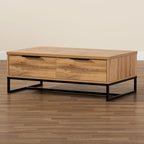 Mesa de centro con 2 cajones en madera de roble marrón y metal negro