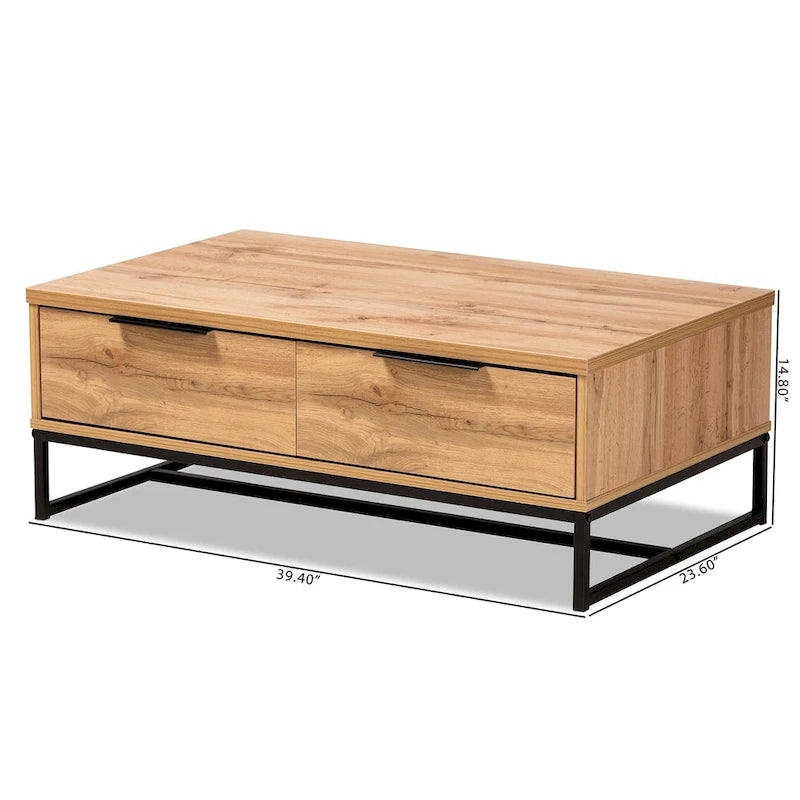 Mesa de centro con 2 cajones en madera de roble marrón y metal negro