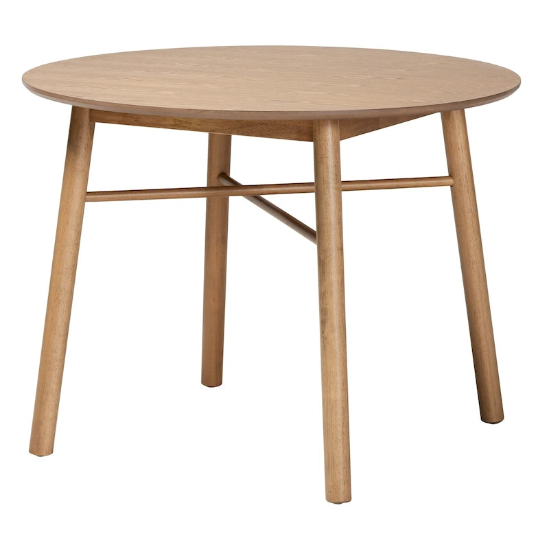 Mesa de comedor de madera de caucho con acabado marrón de roble francés de mediados de siglo.