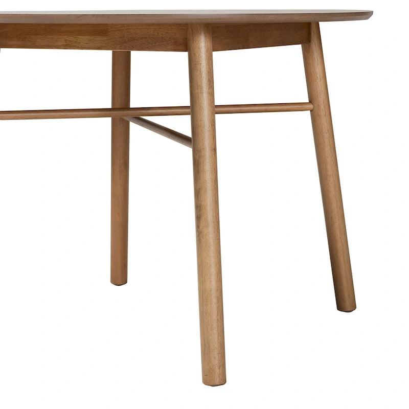 Mesa de comedor de madera de caucho con acabado marrón de roble francés de mediados de siglo.