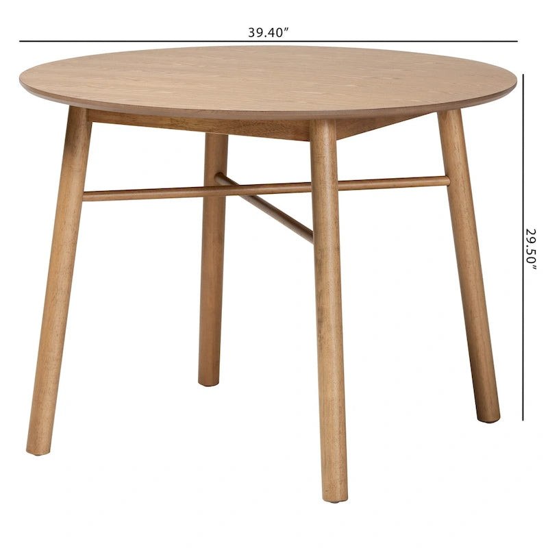Mesa de comedor de madera de caucho con acabado marrón de roble francés de mediados de siglo.