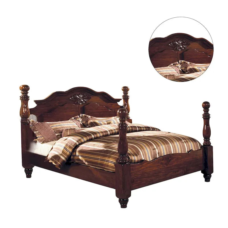 Cama de postes torneados de madera en pino oscuro brillante