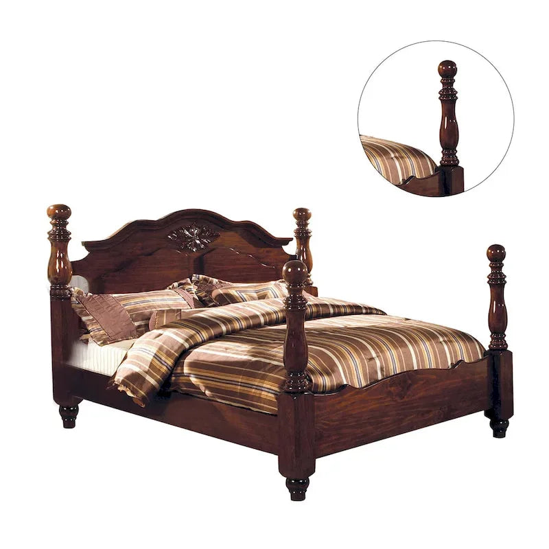 Cama de postes torneados de madera en pino oscuro brillante