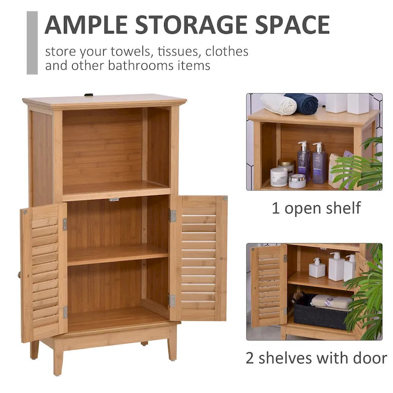 Armario de Suelo de Bambú, Mueble de Almacenamiento para Baño o Sala de Estar con Múltiples Estantes y Puertas, Natural