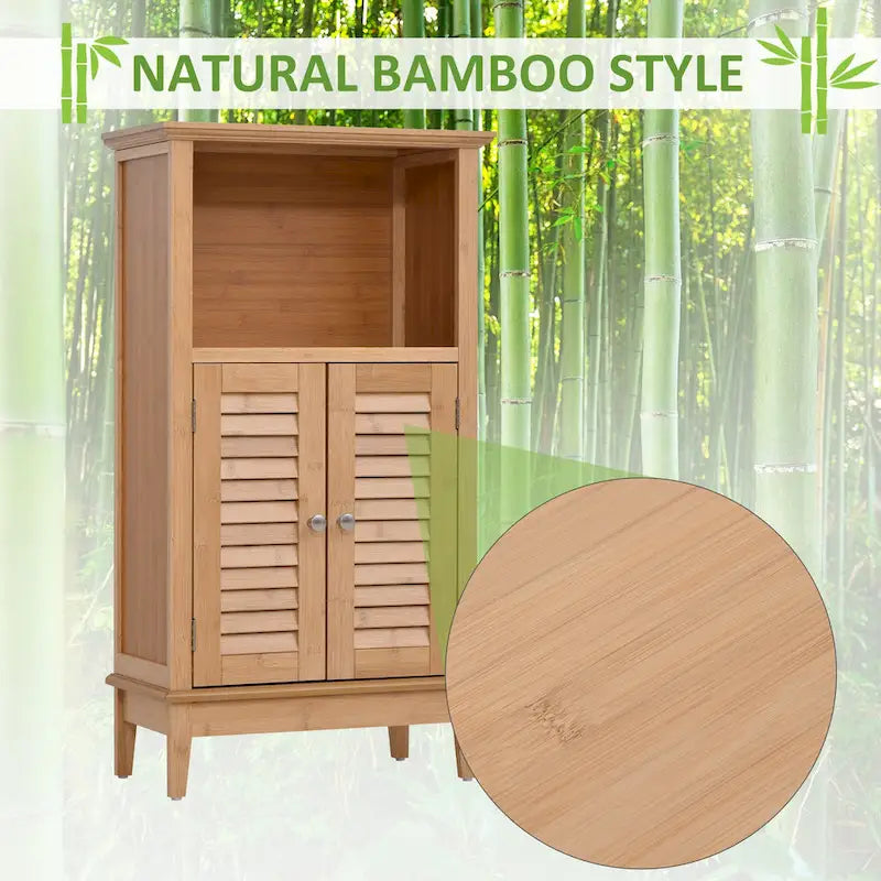 Armario de Suelo de Bambú, Mueble de Almacenamiento para Baño o Sala de Estar con Múltiples Estantes y Puertas, Natural