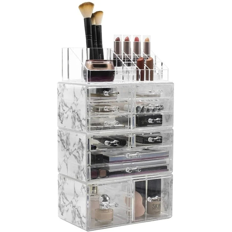 Estuche organizador de maquillaje y joyas con 12 cajones y 16 compartimentos - Juego de 4 piezas