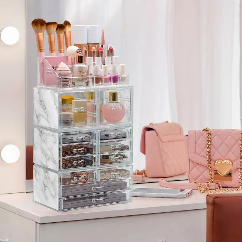 Estuche organizador de maquillaje y joyas con 12 cajones y 16 compartimentos - Juego de 4 piezas
