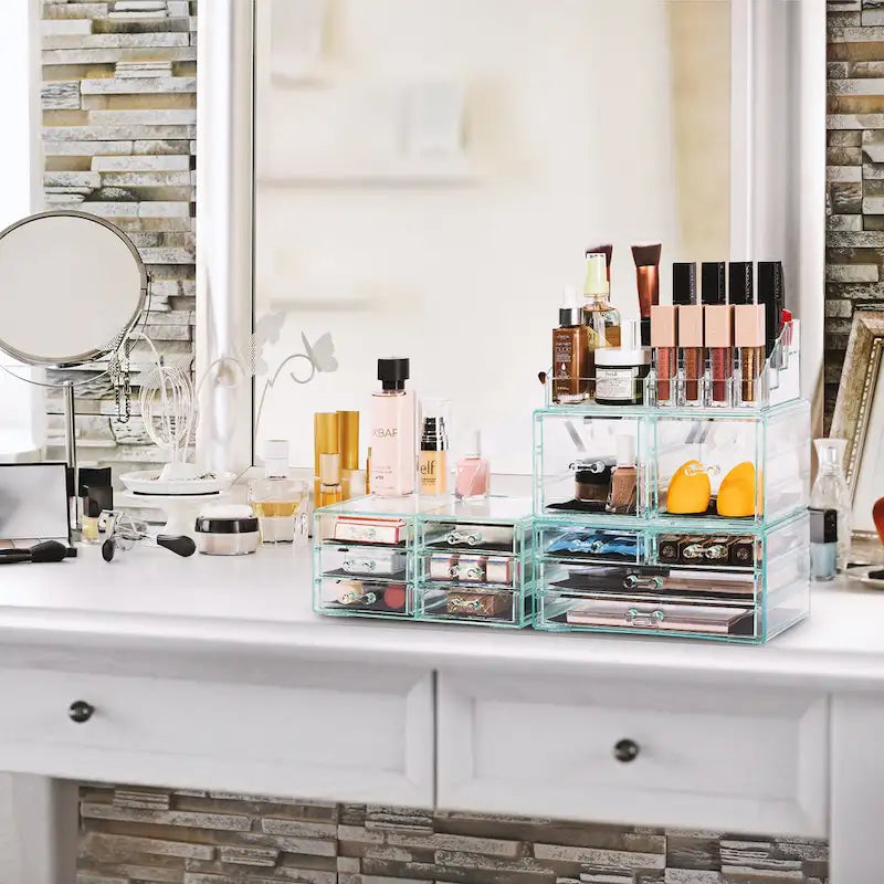 Estuche organizador de maquillaje y joyas con 12 cajones y 16 compartimentos - Juego de 4 piezas